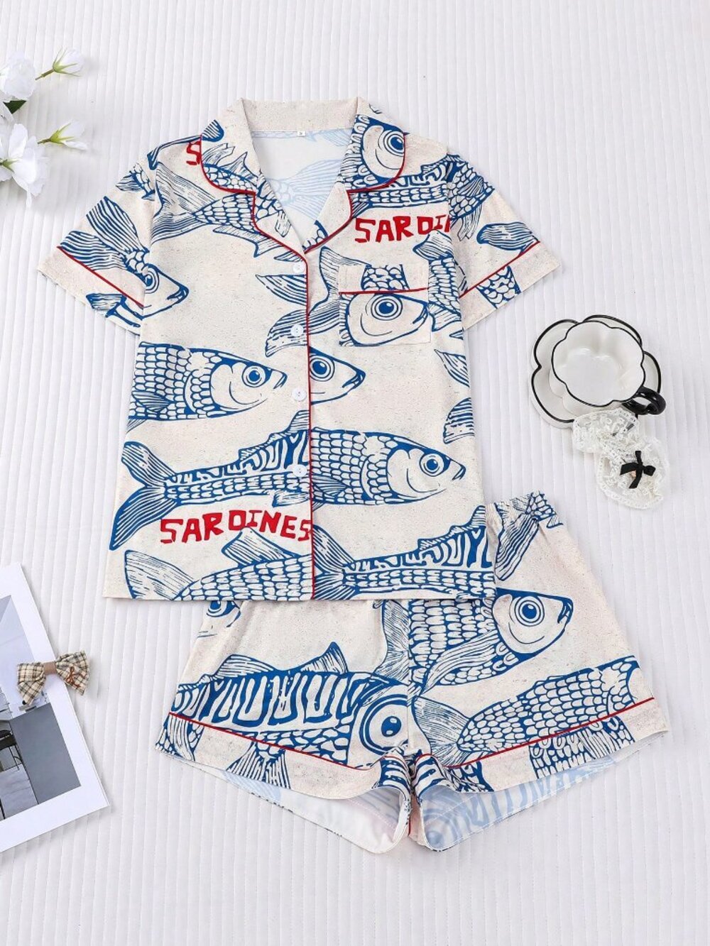 Apricot Sardine Print Women's Short Sleeve Lapel Top and Shorts Pajama Set